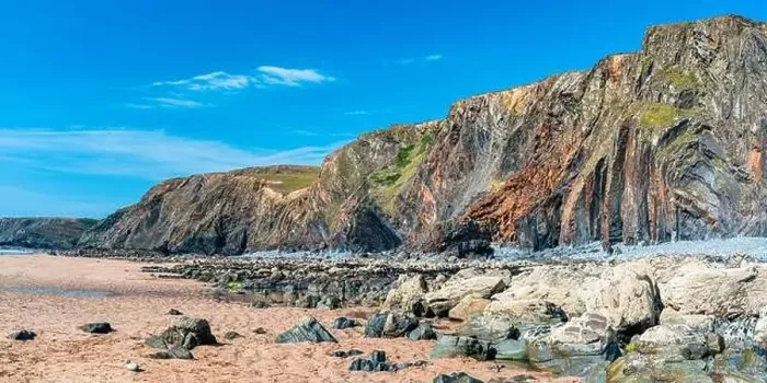 Framed Print : Cliffs on the Sandymouth Bay Beach from a drone, National Trust, Bude, Cornwall, England, Europe Framed Print : Cliffs on the Sandymouth Bay Beach from a drone, National Trust, Bude, Cornwall, England, Europe
