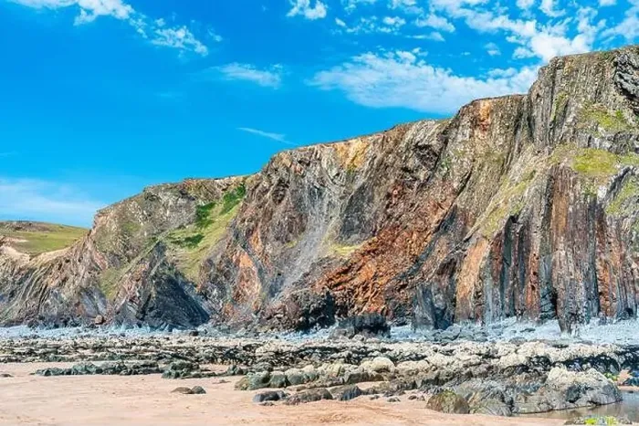 Framed Print : Cliffs on the Sandymouth Bay Beach from a drone, National Trust, Bude, Cornwall, England, Europe Framed Print : Cliffs on the Sandymouth Bay Beach from a drone, National Trust, Bude, Cornwall, England, Europe