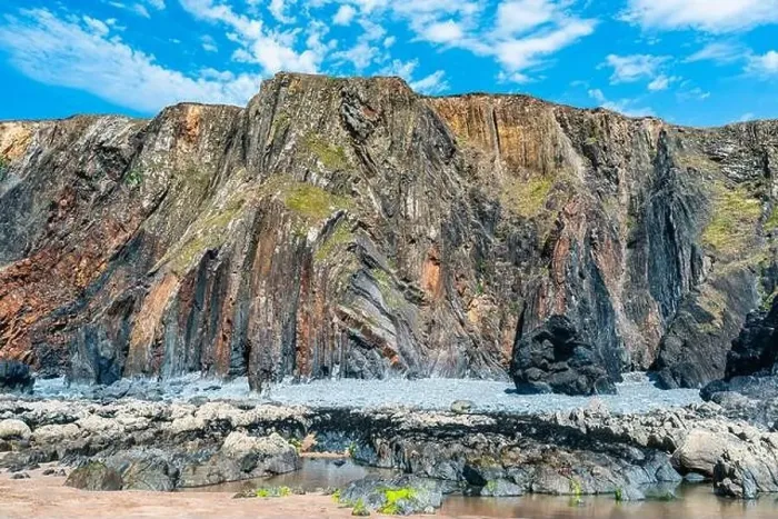 Framed Print : Cliffs on the Sandymouth Bay Beach from a drone, National Trust, Bude, Cornwall, England, Europe Framed Print : Cliffs on the Sandymouth Bay Beach from a drone, National Trust, Bude, Cornwall, England, Europe