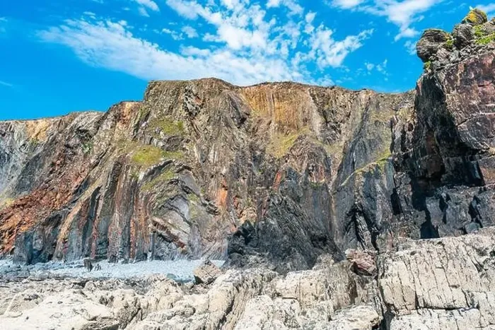 Framed Print : Cliffs on the Sandymouth Bay Beach from a drone, National Trust, Bude, Cornwall, England, Europe Framed Print : Cliffs on the Sandymouth Bay Beach from a drone, National Trust, Bude, Cornwall, England, Europe