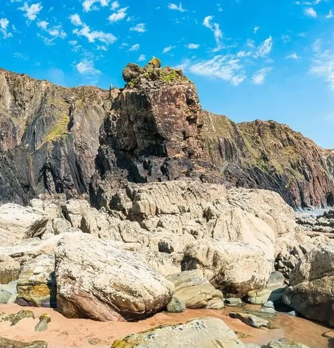 Framed Print : Cliffs on the Sandymouth Bay Beach from a drone, National Trust, Bude, Cornwall, England, Europe