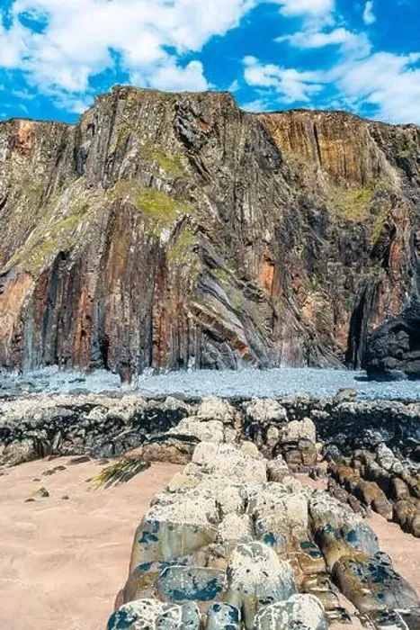 Framed Print : Cliffs on the Sandymouth Bay Beach from a drone, National Trust, Bude, Cornwall, England, Europe