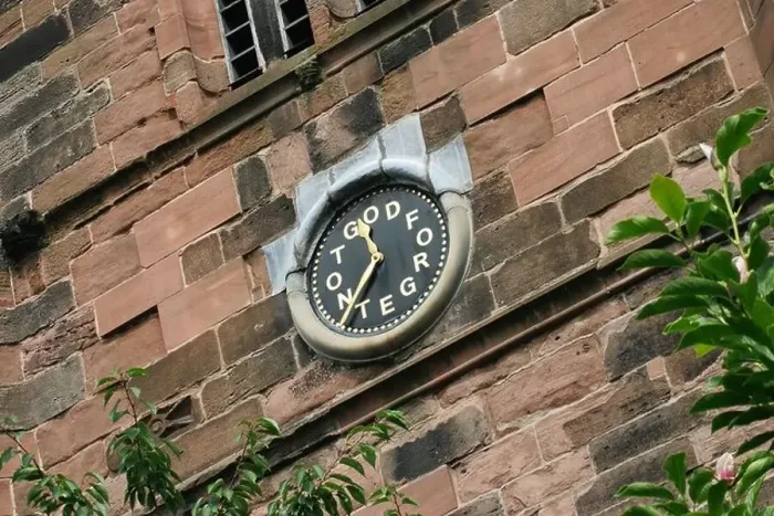 Framed Print : The clock on St Mary's Church, Cheadle Village, Stockport, Cheshire. The words on the clock say: Forget Not God Framed Print : The clock on St Mary's Church, Cheadle Village, Stockport, Cheshire. The words on the clock say: Forget Not God