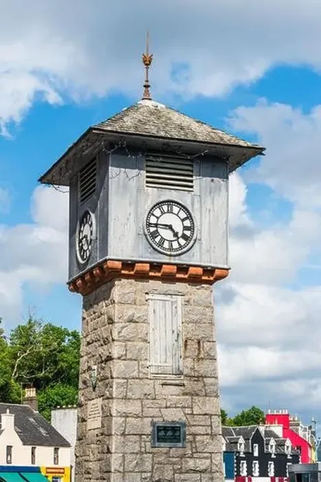 Framed Print : The clock tower in Tobermory from a drone, Isle of Mull, Scotland, UK Framed Print : The clock tower in Tobermory from a drone, Isle of Mull, Scotland, UK