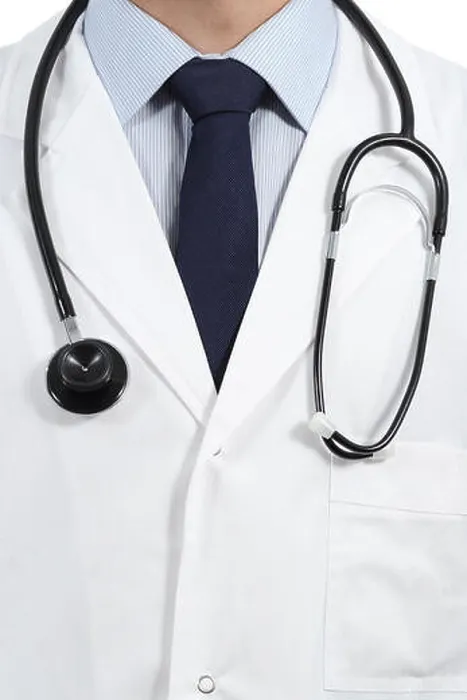 Framed Print : Close up of a male doctor coat and stethoscope with tie and shirt Framed Print : Close up of a male doctor coat and stethoscope with tie and shirt