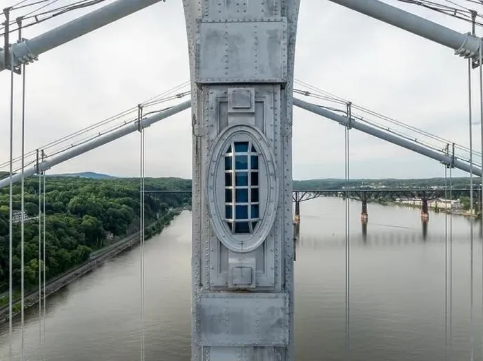 Framed Print : Close-up aerial photo of the Franklin Delano Roosevelt Mid-Hudson Bridge over the Hudson River, Poughkeepsie NY Framed Print : Close-up aerial photo of the Franklin Delano Roosevelt Mid-Hudson Bridge over the Hudson River, Poughkeepsie NY