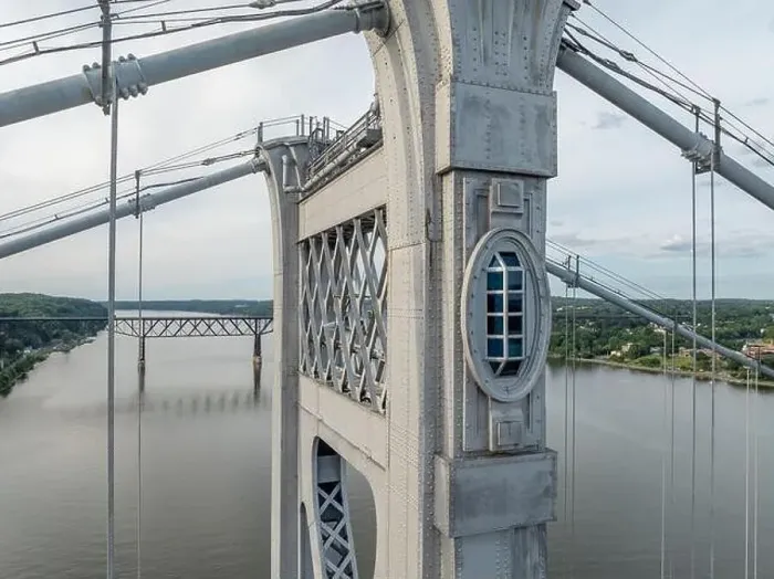 Framed Print : Close-up aerial photo of the Franklin Delano Roosevelt Mid-Hudson Bridge over the Hudson River, Poughkeepsie NY