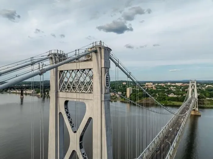 Framed Print : Close-up aerial photo of the Franklin Delano Roosevelt Mid-Hudson Bridge over the Hudson River, Poughkeepsie NY