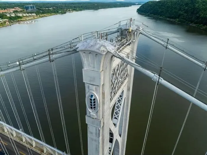 Framed Print : Close-up aerial photo of the Franklin Delano Roosevelt Mid-Hudson Bridge over the Hudson River, Poughkeepsie NY Framed Print : Close-up aerial photo of the Franklin Delano Roosevelt Mid-Hudson Bridge over the Hudson River, Poughkeepsie NY