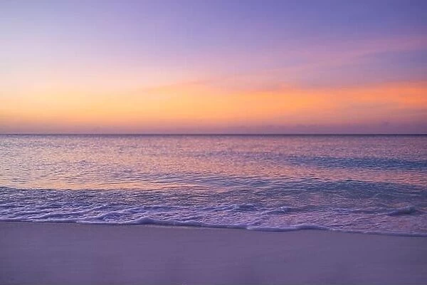 Closeup sea sand beach. Panoramic beach landscape. Inspire tropical beach seascape horizon. Orange and golden sunset sky calmness tranquil relax