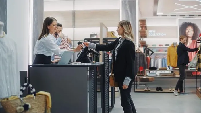 Framed Print : Clothing Store Checkout Cashier Counter: Beautiful Young Woman Buys Blouse from Friendly Retail Sales assistant Framed Print : Clothing Store Checkout Cashier Counter: Beautiful Young Woman Buys Blouse from Friendly Retail Sales assistant