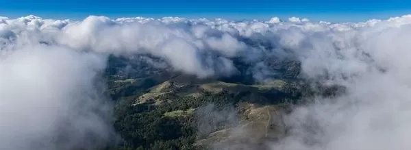 Clouds drift above the mixed evergreen forest covering the Santa Cruz mountains. This part of California is home to Redwood trees and scenic beaches