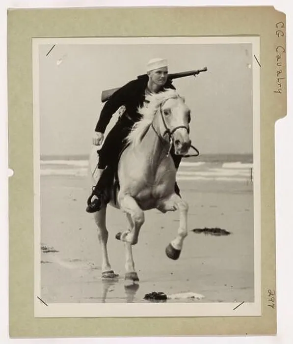 Framed Print : Coast Guard Cavalry. This image depicts an armed Coast Guardsman as he rides his mount through the sand dunes to track down attempts of enemy spies Framed Print : Coast Guard Cavalry. This image depicts an armed Coast Guardsman as he rides his mount through the sand dunes to track down attempts of enemy spies