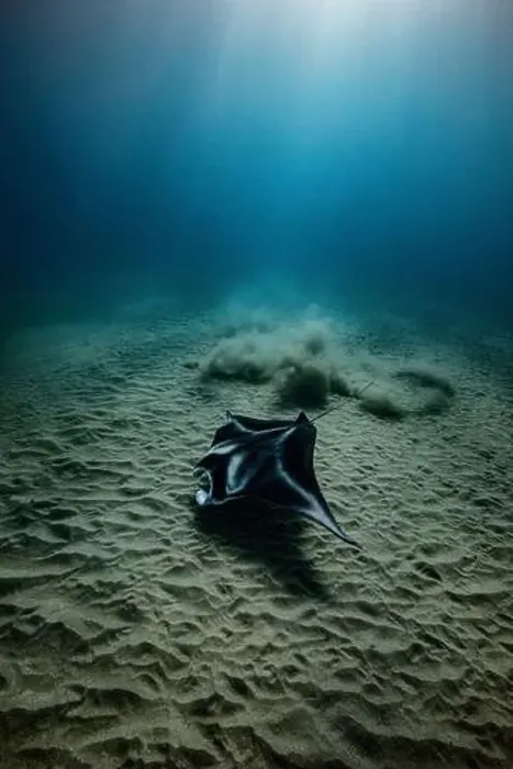Framed Print : A coastal manta ray skims the sandy seafloor, stirring up the sand, as it hunts for food in the waters of Oahu, Hawaii Framed Print : A coastal manta ray skims the sandy seafloor, stirring up the sand, as it hunts for food in the waters of Oahu, Hawaii