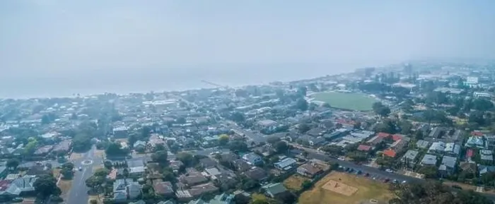 Framed Print : Coastal suburb Frankston covered with smoke haze from bush fires raging in Victoria, Australia - aerial panorama Framed Print : Coastal suburb Frankston covered with smoke haze from bush fires raging in Victoria, Australia - aerial panorama