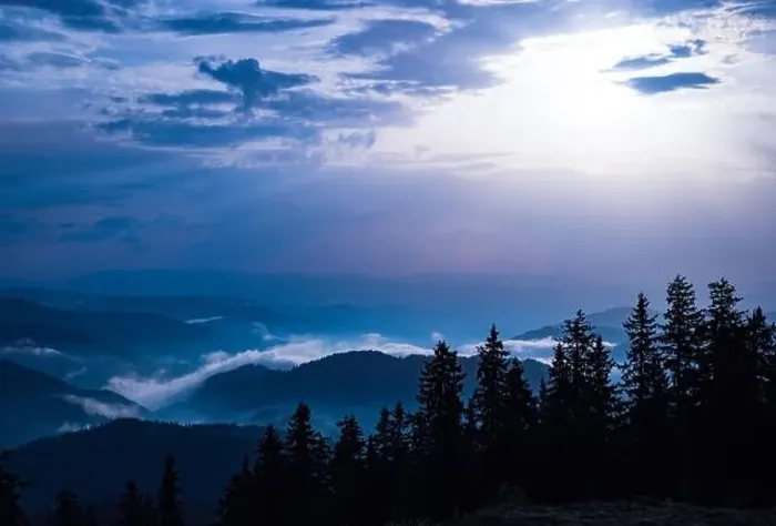 Framed Print : Cold cloudy rainy weather over low hills covered with spruce evergreen forests in Rhodope Mountains against backdrop of