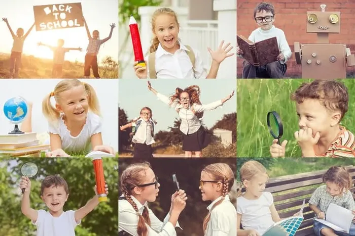 Framed Print : Collage of happy children playing outdoors at the day time. Concept of science and education Framed Print : Collage of happy children playing outdoors at the day time. Concept of science and education