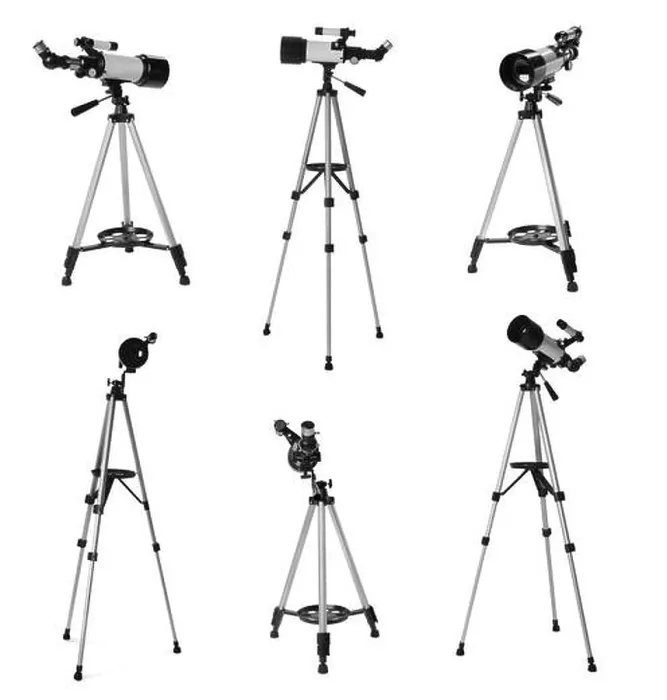 Framed Print : Collage of tripod with modern telescope on white background, views from different sides Framed Print : Collage of tripod with modern telescope on white background, views from different sides
