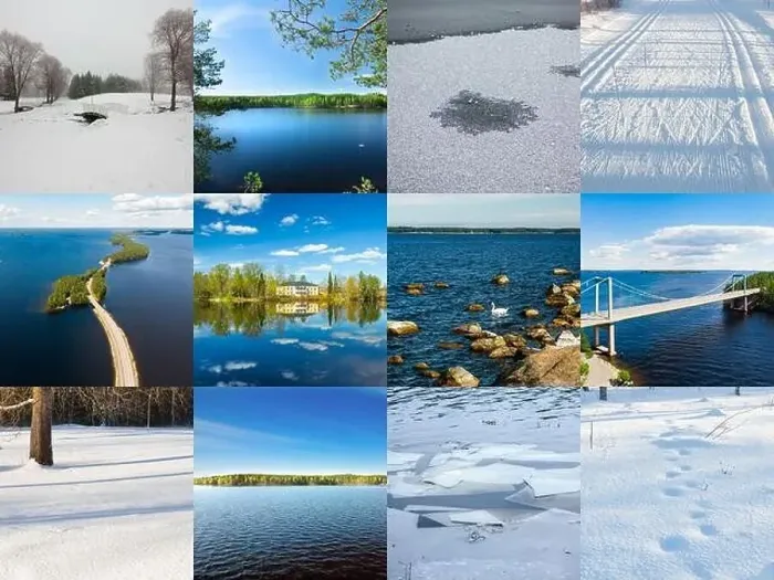Framed Print : Collage of winter and summer nature photos in form of Finnish flag. Full size Framed Print : Collage of winter and summer nature photos in form of Finnish flag. Full size