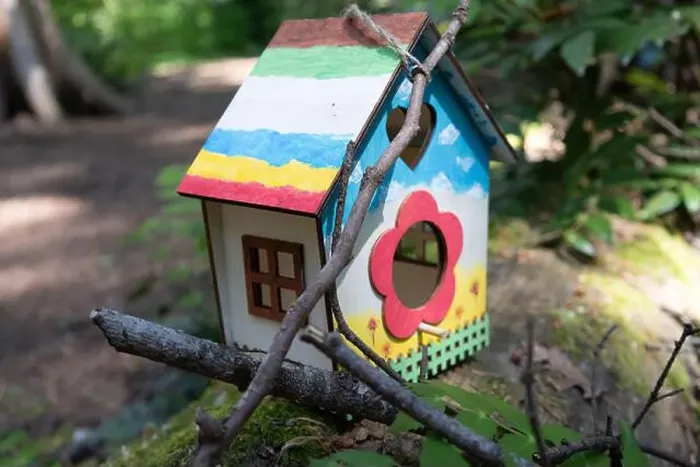 Framed Print : Collection of birdhouses made by children and placed on fallen trees in the forest Framed Print : Collection of birdhouses made by children and placed on fallen trees in the forest