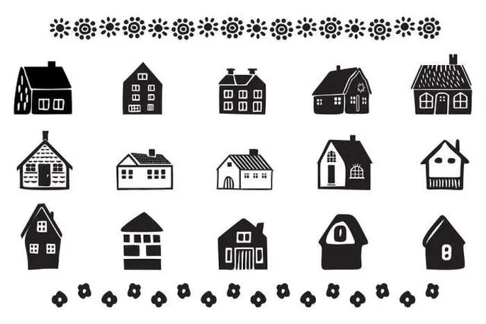 Framed Print : Collection of cottage house motifs in block print style. Set of homstead farm icons Framed Print : Collection of cottage house motifs in block print style. Set of homstead farm icons
