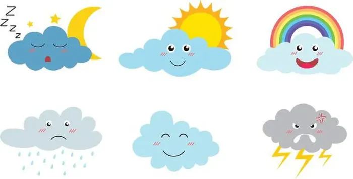 Framed Print : Collection of cute cloud cartoon emojis icon set with different expressions isolated on white background - Vector