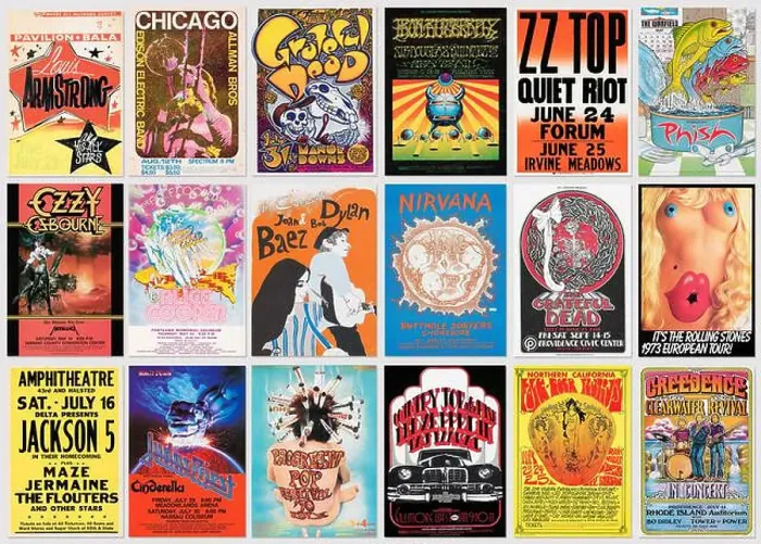 Framed Print : Collection of old real rock, pop and jazz music concert posters, collection of authentic vintage music designs Framed Print : Collection of old real rock, pop and jazz music concert posters, collection of authentic vintage music designs