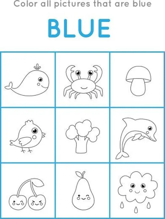 Framed Print : Color all objects that are blue color. Educational coloring game for kids Framed Print : Color all objects that are blue color. Educational coloring game for kids
