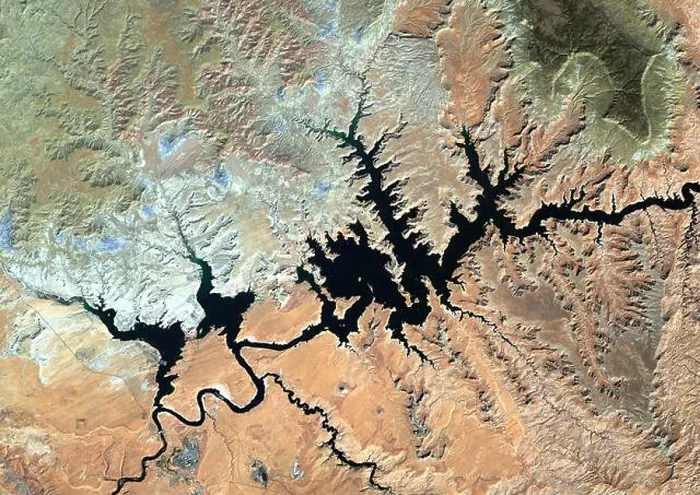 Framed Print : Color satellite image of Lake Powell, Utah and Arizona, United States. This image was compiled from data acquired by Sentinel-2 & Landsat 8