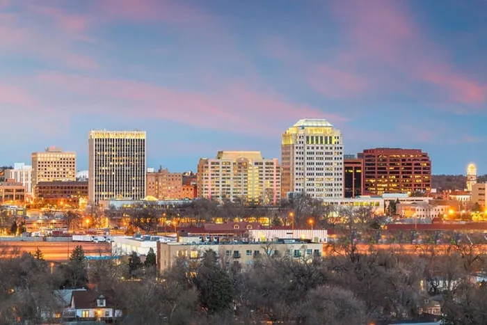 Framed Print : Colorado Springs, Colorado, USA downtown city skyline at dusk Framed Print : Colorado Springs, Colorado, USA downtown city skyline at dusk