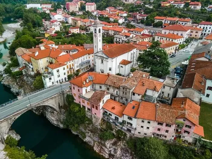 Framed Print : Colorful Architecture of Kanal Ob Soci Town in Slovenia at River Soca Valley. Drone View Framed Print : Colorful Architecture of Kanal Ob Soci Town in Slovenia at River Soca Valley. Drone View