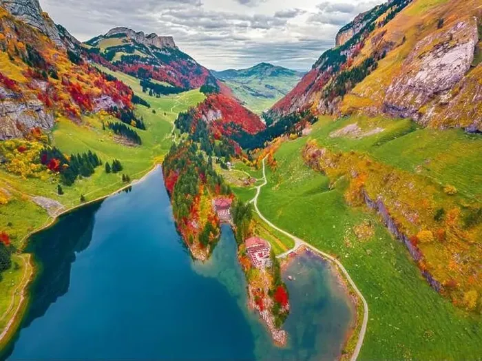 Framed Print : Colorful autumn view from flying drone of Seealpsee lake Framed Print : Colorful autumn view from flying drone of Seealpsee lake