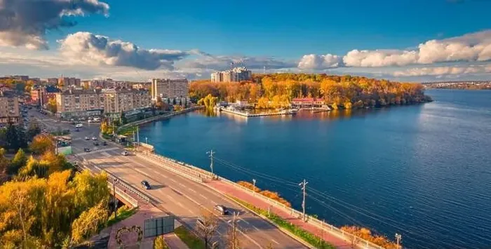 Framed Print : Colorful autumn view from flying drone of Ternopil town Framed Print : Colorful autumn view from flying drone of Ternopil town