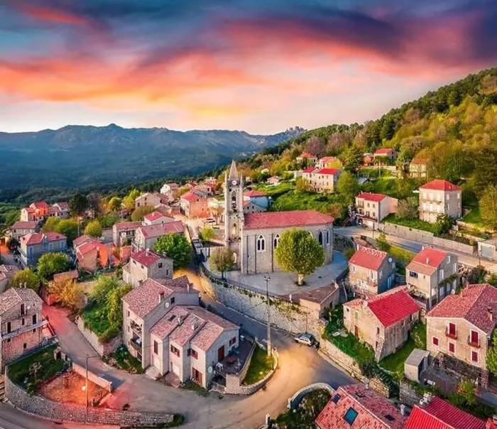 Framed Print : Colorful evening view from flying drone of Zonza town Framed Print : Colorful evening view from flying drone of Zonza town