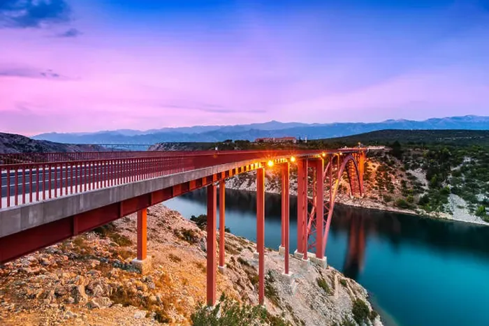 Framed Print : Colorful evening view of Maslenica bridge In Dalmatia, Croatia. Wide angle, long exposure and color grad filters used Framed Print : Colorful evening view of Maslenica bridge In Dalmatia, Croatia. Wide angle, long exposure and color grad filters used