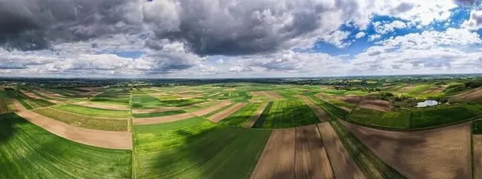 Framed Print : Colorful Farm Fields in Poland at Spring. Aerial Drone Panorama Framed Print : Colorful Farm Fields in Poland at Spring. Aerial Drone Panorama