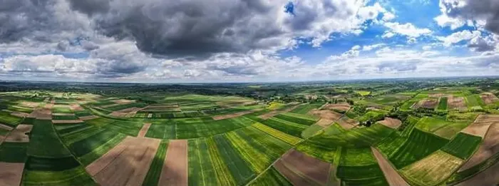 Framed Print : Colorful Farm Fields in Poland at Spring. Aerial Drone Panorama Framed Print : Colorful Farm Fields in Poland at Spring. Aerial Drone Panorama