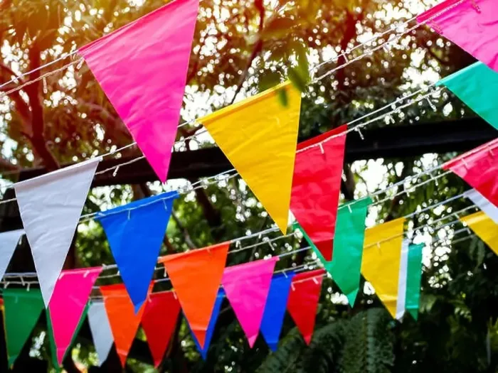Framed Print : Colorful festival flags hanging in the garden. Beautiful colour of party triangle flags decoration on tree background Framed Print : Colorful festival flags hanging in the garden. Beautiful colour of party triangle flags decoration on tree background