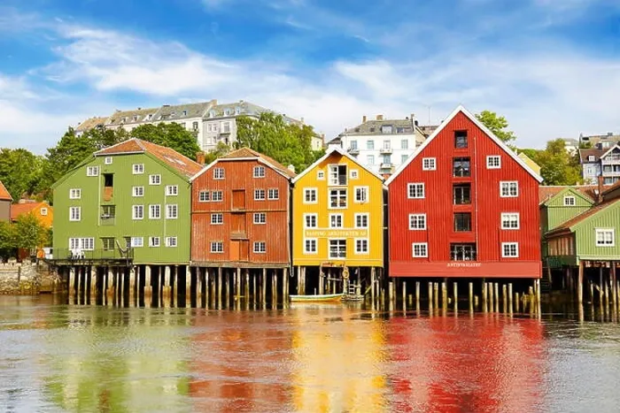 Framed Print : Colorful historic storage houses in Trondheim, Norway Framed Print : Colorful historic storage houses in Trondheim, Norway