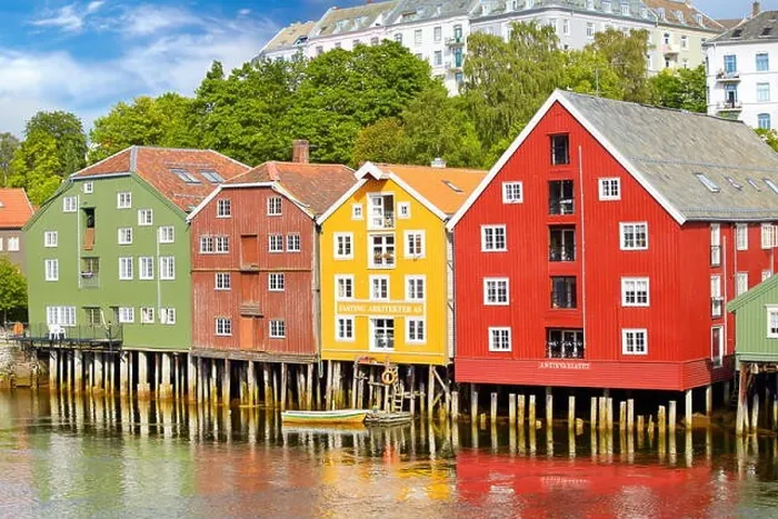 Framed Print : Colorful historic storage houses in Trondheim, Norway Framed Print : Colorful historic storage houses in Trondheim, Norway