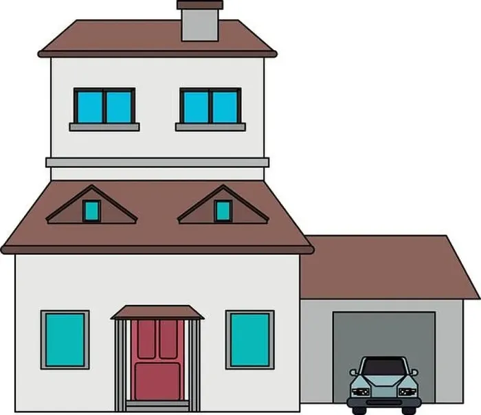 Framed Print : colorful image cartoon facade two house floors with garage and chimney Framed Print : colorful image cartoon facade two house floors with garage and chimney