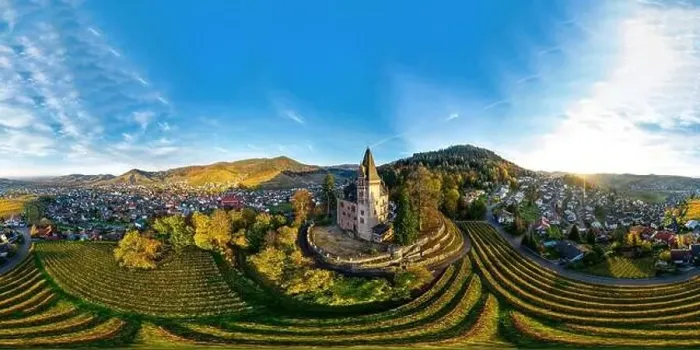 Framed Print : Colorful landscape 360-degree panoramic aerial view of little village Kappelrodeck in Black Forest mountains Framed Print : Colorful landscape 360-degree panoramic aerial view of little village Kappelrodeck in Black Forest mountains