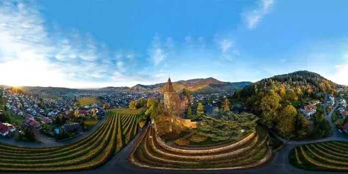 Framed Print : Colorful landscape 360-degree panoramic aerial view of little village Kappelrodeck in Black Forest mountains Framed Print : Colorful landscape 360-degree panoramic aerial view of little village Kappelrodeck in Black Forest mountains