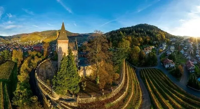 Framed Print : Colorful landscape aerial view of little village Kappelrodeck in Black Forest mountains Framed Print : Colorful landscape aerial view of little village Kappelrodeck in Black Forest mountains