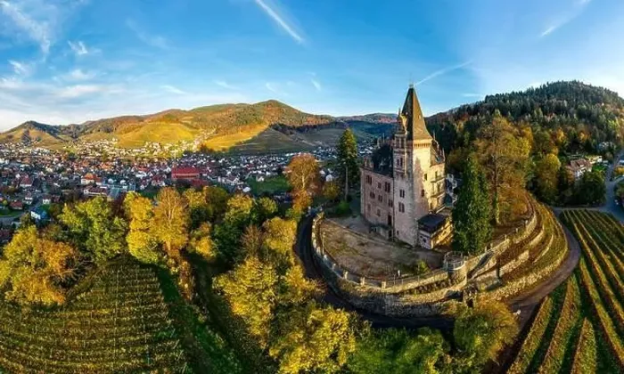 Framed Print : Colorful landscape aerial view of little village Kappelrodeck in Black Forest mountains Framed Print : Colorful landscape aerial view of little village Kappelrodeck in Black Forest mountains