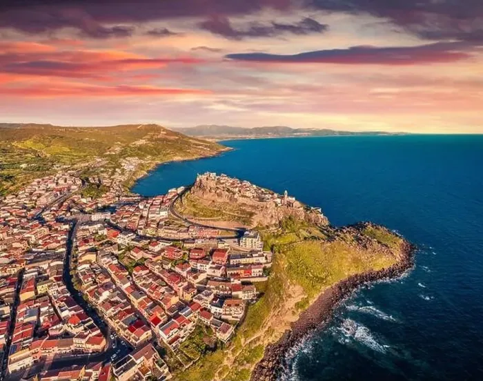 Framed Print : Colorful morning view from flying drone of Castelsardo port Framed Print : Colorful morning view from flying drone of Castelsardo port