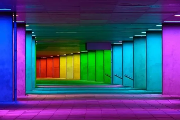 Framed Print : Colorful mulitcolord illuminated gallery tunnel rainbow passage under NAI building Framed Print : Colorful mulitcolord illuminated gallery tunnel rainbow passage under NAI building