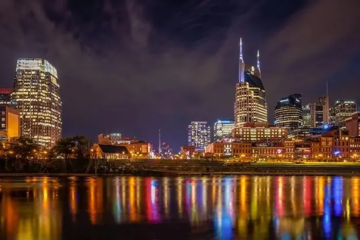 Framed Print : Colorful Nashville night time reflection