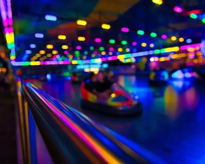 Framed Print : The colorful neon lights at a bumper car park Framed Print : The colorful neon lights at a bumper car park