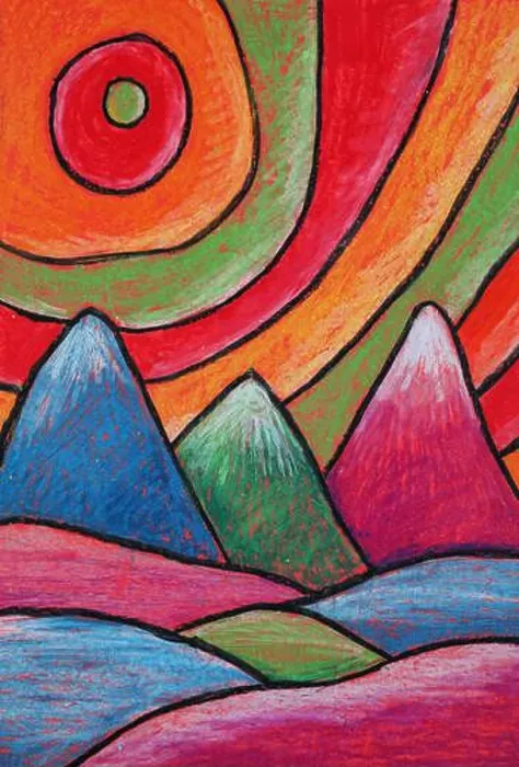 Framed Print : Colorful pastel drawing of beautiful abstract mountain landscape